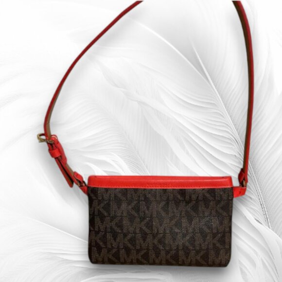 Michael Kors Brown Monogram Canvas Crossbody Bag with Red Leather Trim - Picture 2 of 8